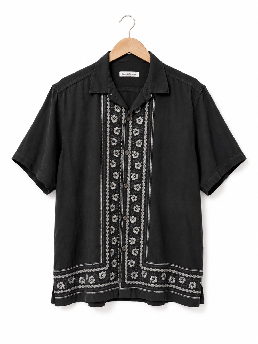 Tommy Bahama 100% Silk Embroidered Hibiscus Camp Shirt Black Grey Large Hawaiian